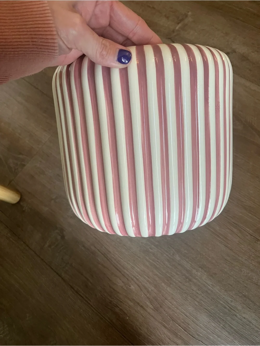 Striped Pink Ceramic Planter with Bamboo Stand